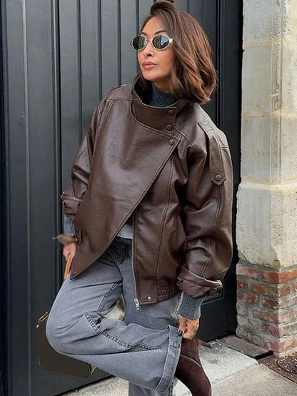 Veste de motard oversize en similicuir noir à col montant – Blouson moto streetwear à ourlet élastique, imperméable et coupe-vent pour le printemps et l’automne, tenue décontractée pour femme.