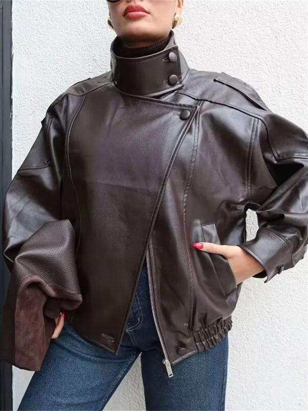 Veste de motard oversize en similicuir noir à col montant – Blouson moto streetwear à ourlet élastique, imperméable et coupe-vent pour le printemps et l’automne, tenue décontractée pour femme.