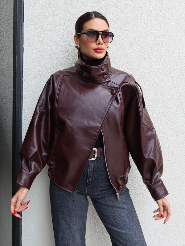 Veste de motard oversize en similicuir noir à col montant – Blouson moto streetwear à ourlet élastique, imperméable et coupe-vent pour le printemps et l’automne, tenue décontractée pour femme.