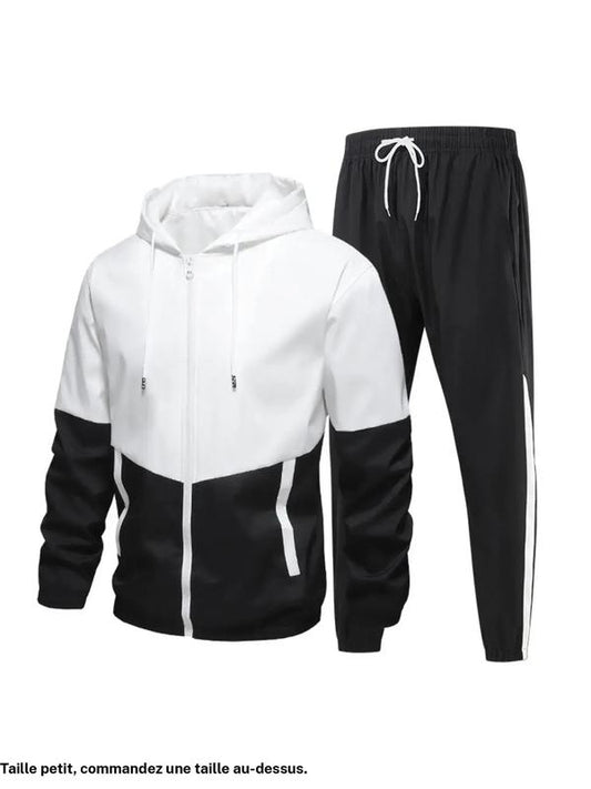 Ensemble de survêtement 2 pièces : Sweat à capuche zippé bicolore et jogging à taille élastique. Coupe classique décontractée pour l'automne et l'hiver, idéal pour le quotidien.
