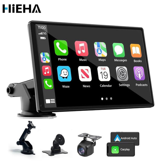 HIEHA Écran Carplay sans fil pour voiture, écran tactile stéréoportable HD de 7 inch avec CarPlay et Android Auto, camérade recul, musique/lien miroir/navigation