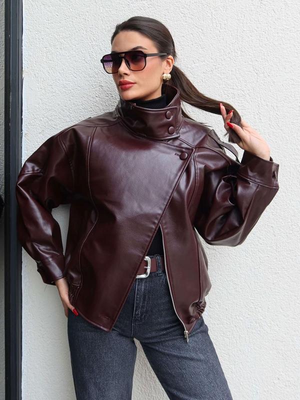 Veste de motard oversize en similicuir noir à col montant – Blouson moto streetwear à ourlet élastique, imperméable et coupe-vent pour le printemps et l’automne, tenue décontractée pour femme.