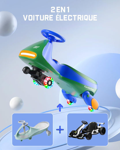 FanttikRide 12V N7 Pro Voiture Électrique Enfants, Anti-Bascule, Ergonomique, 2 en 1, 2 Vitesses, Roues Clignotantes, Bluetooth, Chargement Type C, pour Enfants à Partir de 3 Ans,Bleu-Vert.