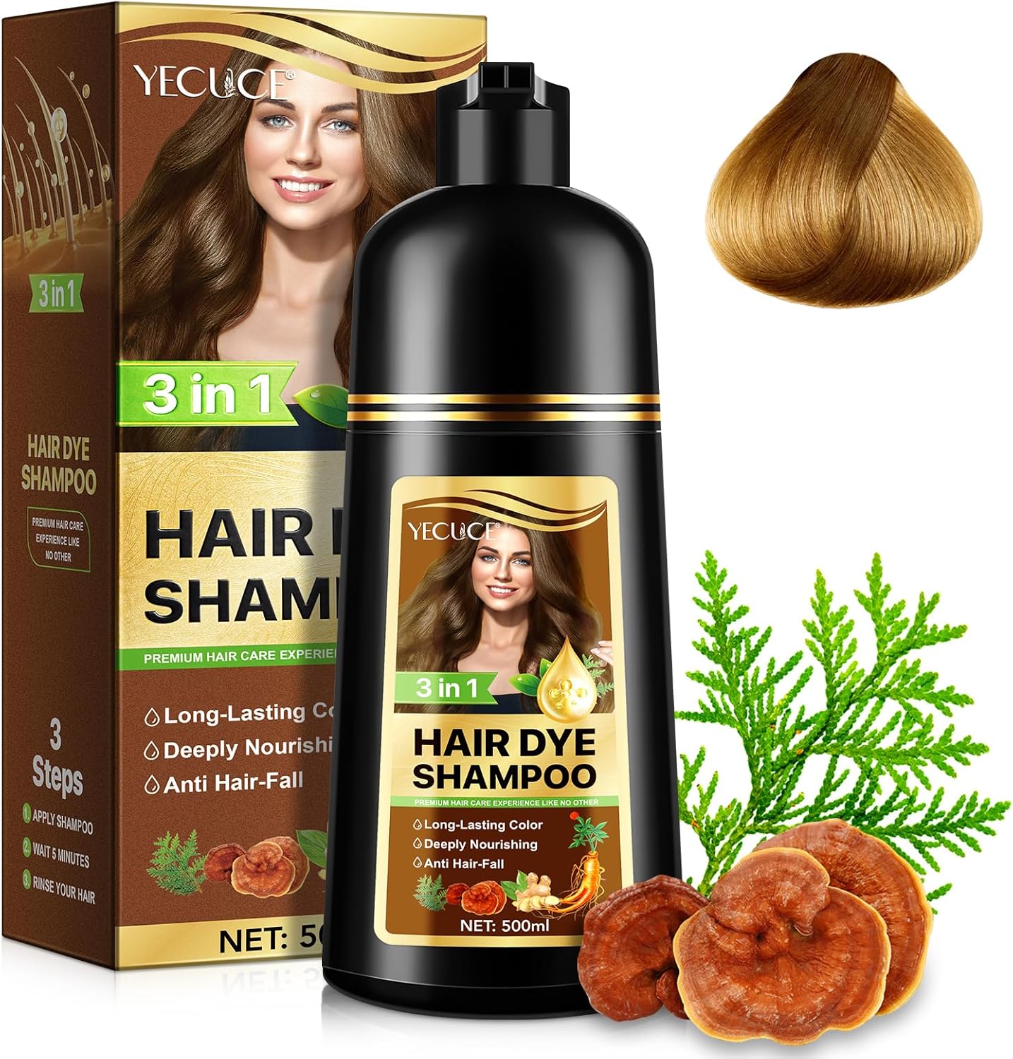 Shampoing pour teinture pour cheveux noirs, shampoing pour coloration naturelle instantanée 3 en 1 Black Hair Dye Shampoo, teinture pour cheveux longue durée, 100% couverture, 500 ml