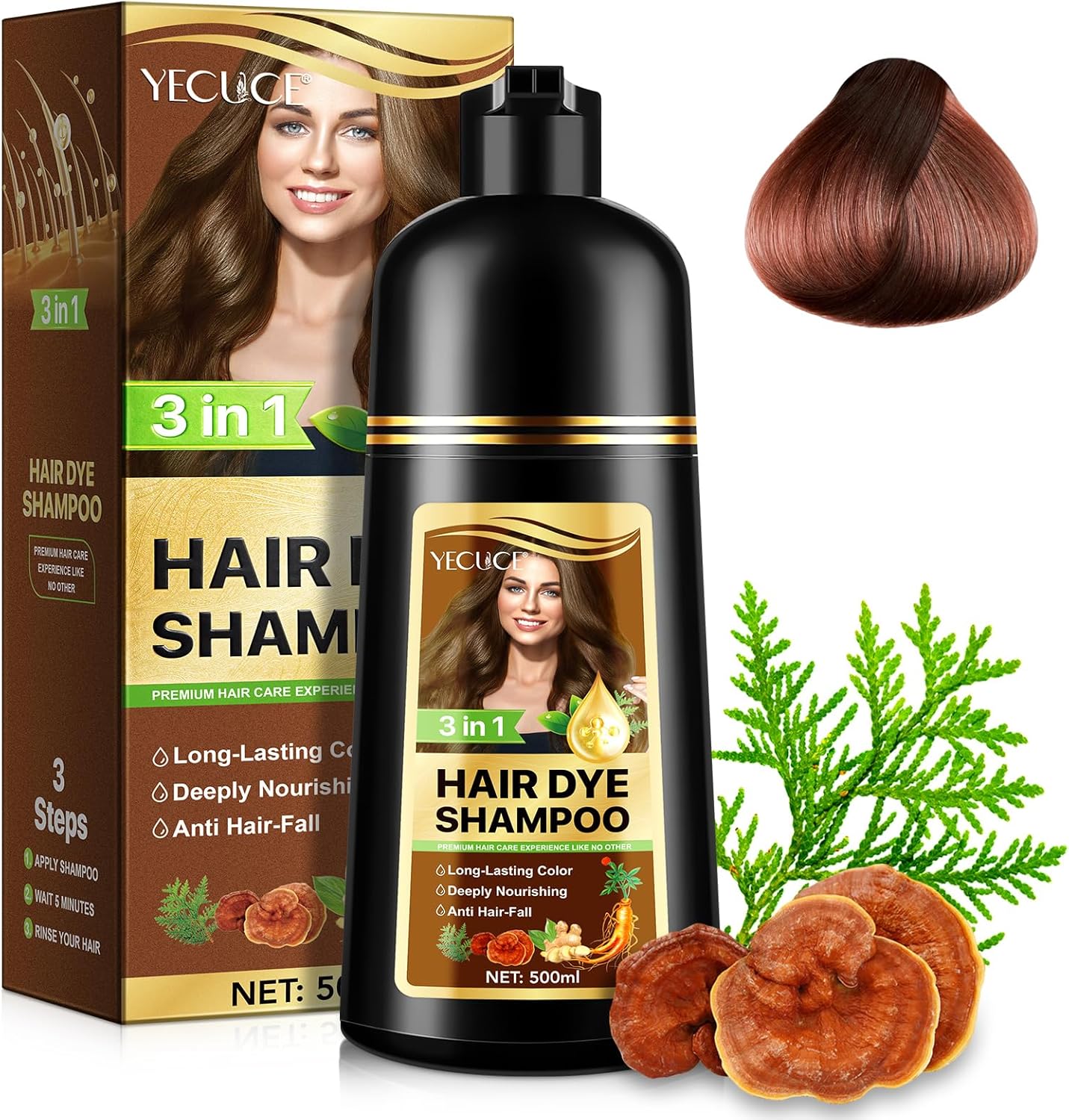 Shampoing pour teinture pour cheveux noirs, shampoing pour coloration naturelle instantanée 3 en 1 Black Hair Dye Shampoo, teinture pour cheveux longue durée, 100% couverture, 500 ml