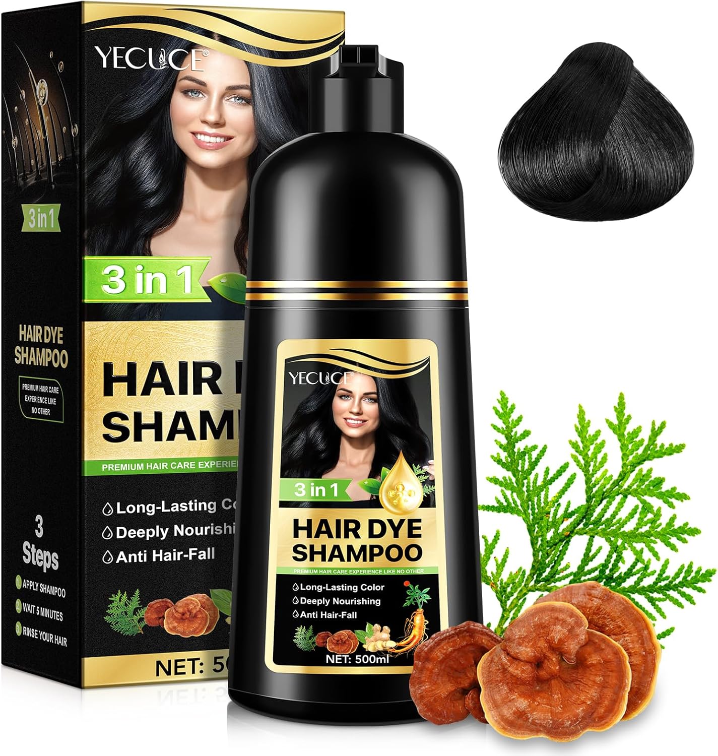 Shampoing pour teinture pour cheveux noirs, shampoing pour coloration naturelle instantanée 3 en 1 Black Hair Dye Shampoo, teinture pour cheveux longue durée, 100% couverture, 500 ml