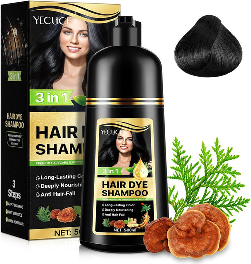 Shampoing pour teinture pour cheveux noirs, shampoing pour coloration naturelle instantanée 3 en 1 Black Hair Dye Shampoo, teinture pour cheveux longue durée, 100% couverture, 500 ml