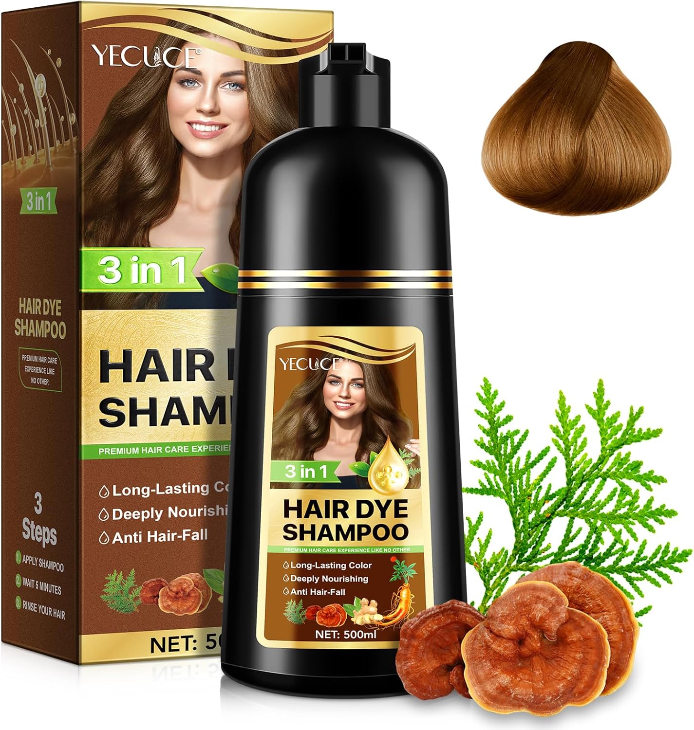 Shampoing pour teinture pour cheveux noirs, shampoing pour coloration naturelle instantanée 3 en 1 Black Hair Dye Shampoo, teinture pour cheveux longue durée, 100% couverture, 500 ml