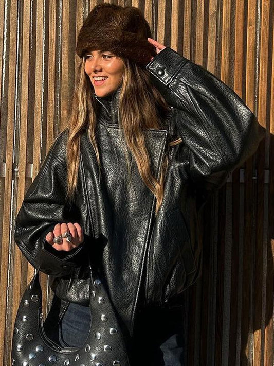 Veste de motard oversize en similicuir noir à col montant – Blouson moto streetwear à ourlet élastique, imperméable et coupe-vent pour le printemps et l’automne, tenue décontractée pour femme.