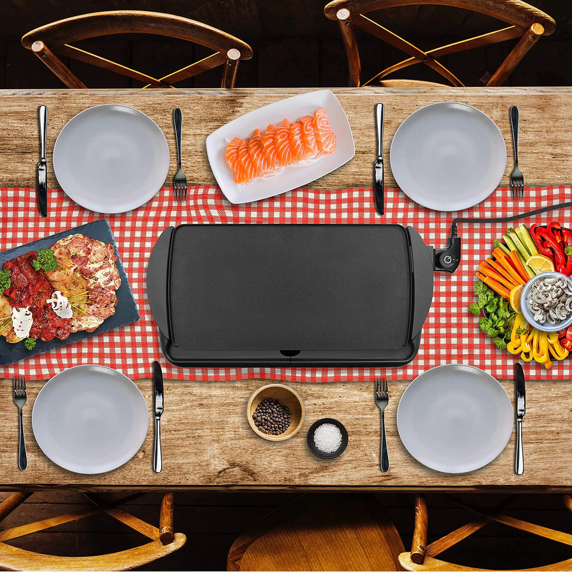 Duronic GP20 Plancha électrique antiadhésive XL 6 à 8 personnes 2000W 52 x 27 cm avec thermostat et bac à jus amovible Cuisson sans ajout de matière grasse idéal pour soirée en famille et amis