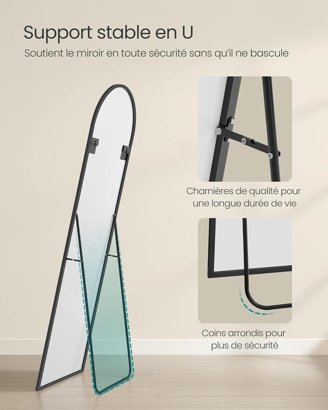 Miroir Intégral, 160 x 50 cm, Miroir Arqué sur Pied, à Poser au Sol, Cadre en Alliage d’Aluminium, Verre Trempé, pour Chambre, Salon, Dressing, Noir d'encre