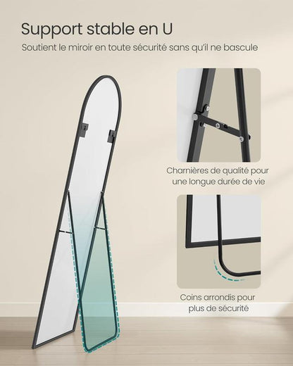 Miroir Intégral, 160 x 50 cm, Miroir Arqué sur Pied, à Poser au Sol, Cadre en Alliage d’Aluminium, Verre Trempé, pour Chambre, Salon, Dressing, Noir d'encre