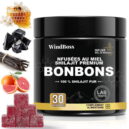 Windboss Gommes de Shilajit Bio – Saveur naturelle de grenade – Sucrées au miel de Manuka – Sans sucre de canne – Formule naturelle et pure – 30 unités