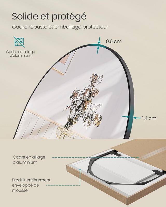 Miroir Intégral, 160 x 50 cm, Miroir Arqué sur Pied, à Poser au Sol, Cadre en Alliage d’Aluminium, Verre Trempé, pour Chambre, Salon, Dressing, Noir d'encre
