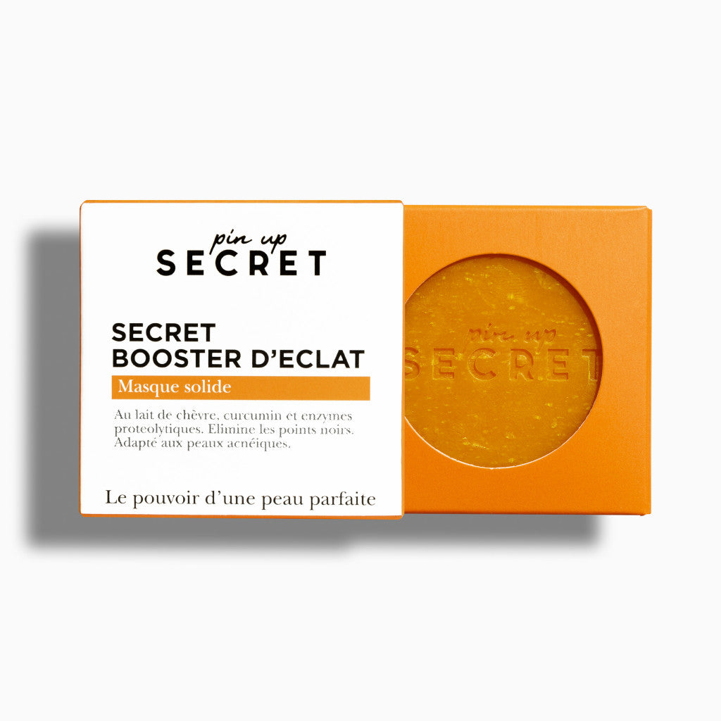 PIN UP SECRET - Secret Booster d'Éclat - Masque Visage Solide au Lait de Chèvre & Curcuma - Nettoyant & Anti-inflammatoire - Élimine les Points Noirs - Tous types de peaux - 30 gr